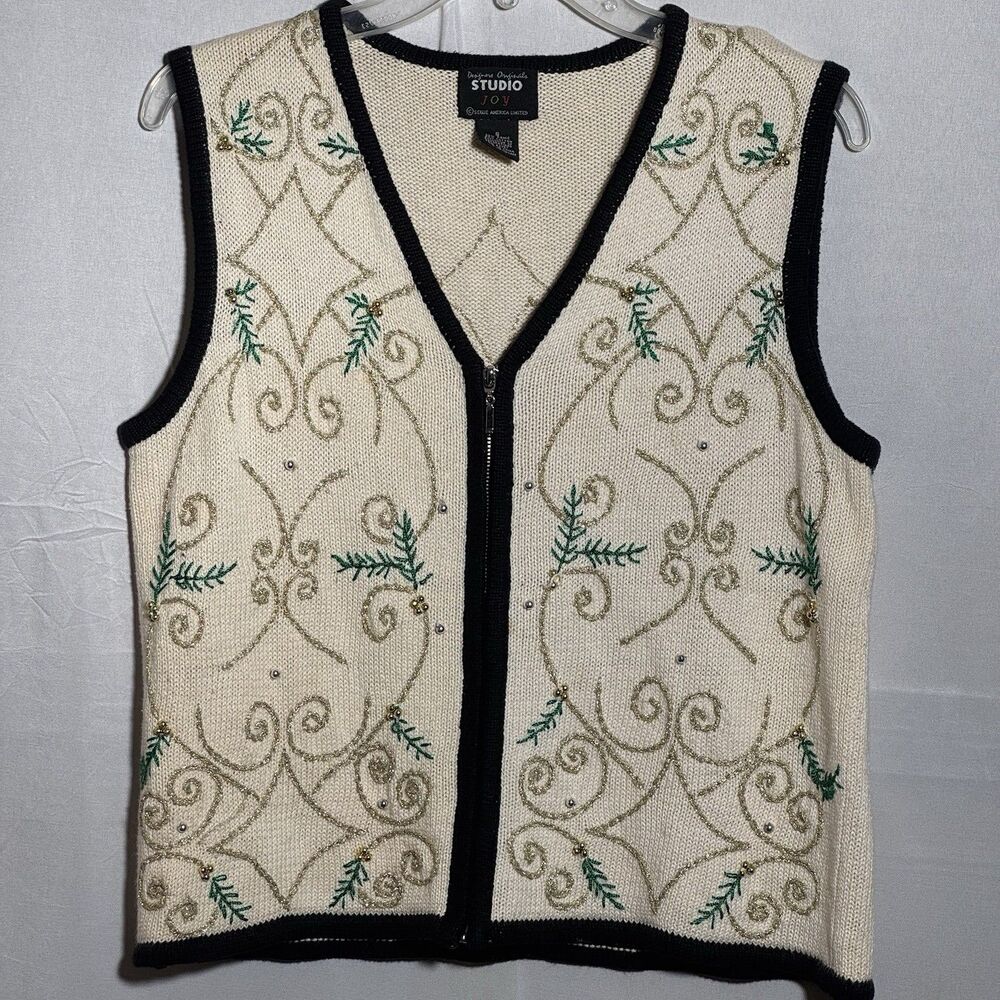 Vintage Studio Joy Sweater Vest S Ivory Gold Embroidered Holiday Christmas Zip